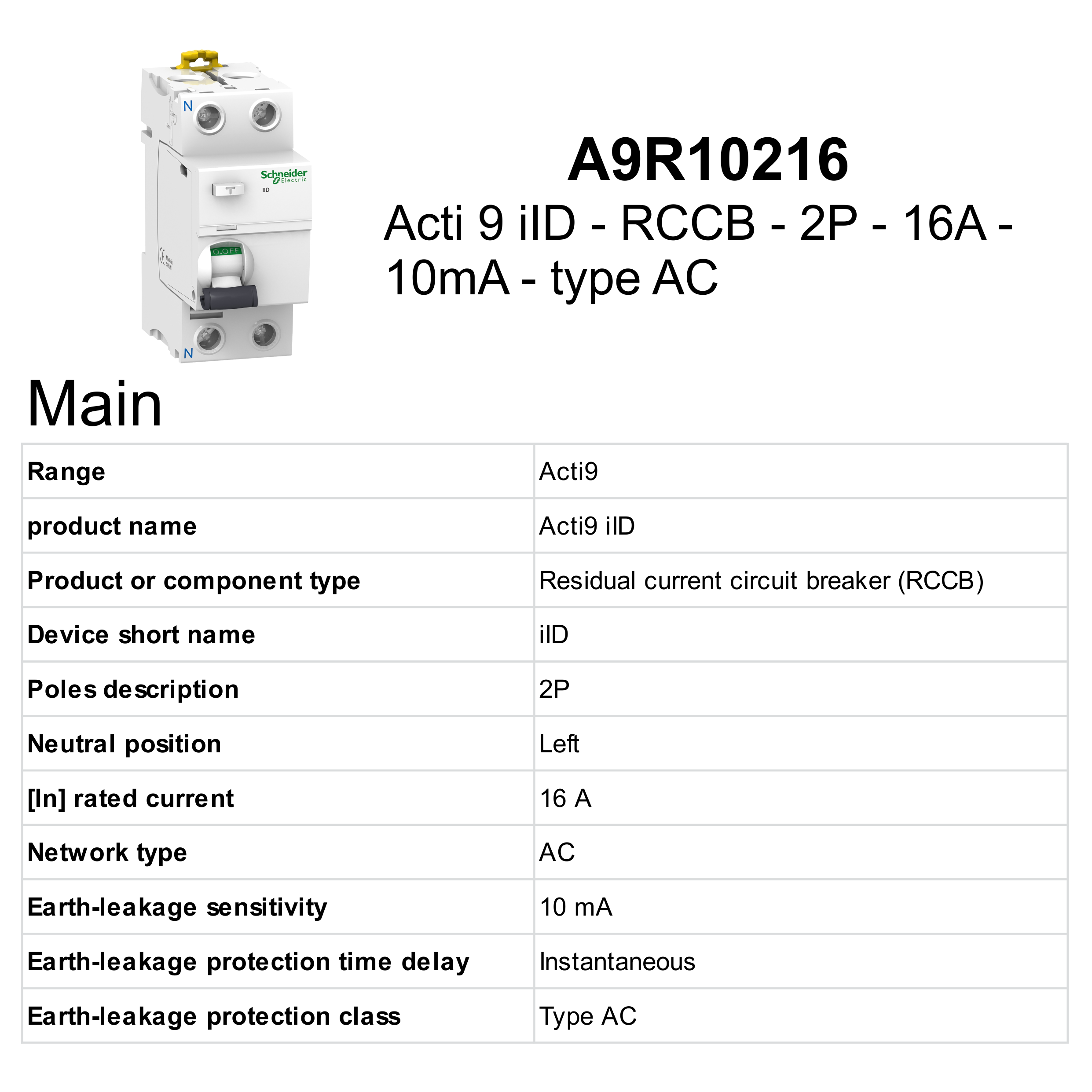 A9R10216 - Acti 9 iID -RCCB - 2P - 16A - 10mA - type AC - Schneider