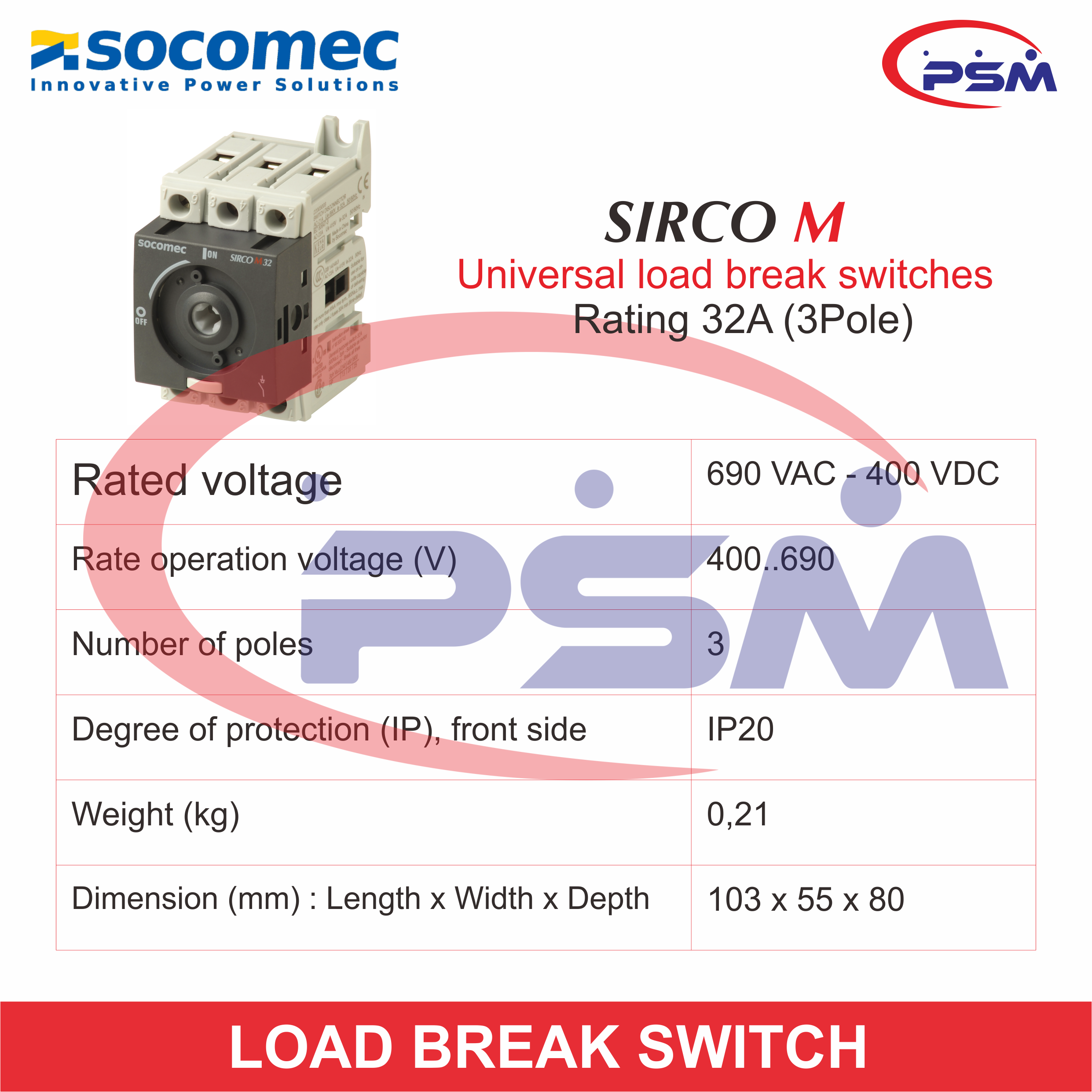 Socomec Load Breaker Switch 3P 32A Sirco M 22003003 - 22995012