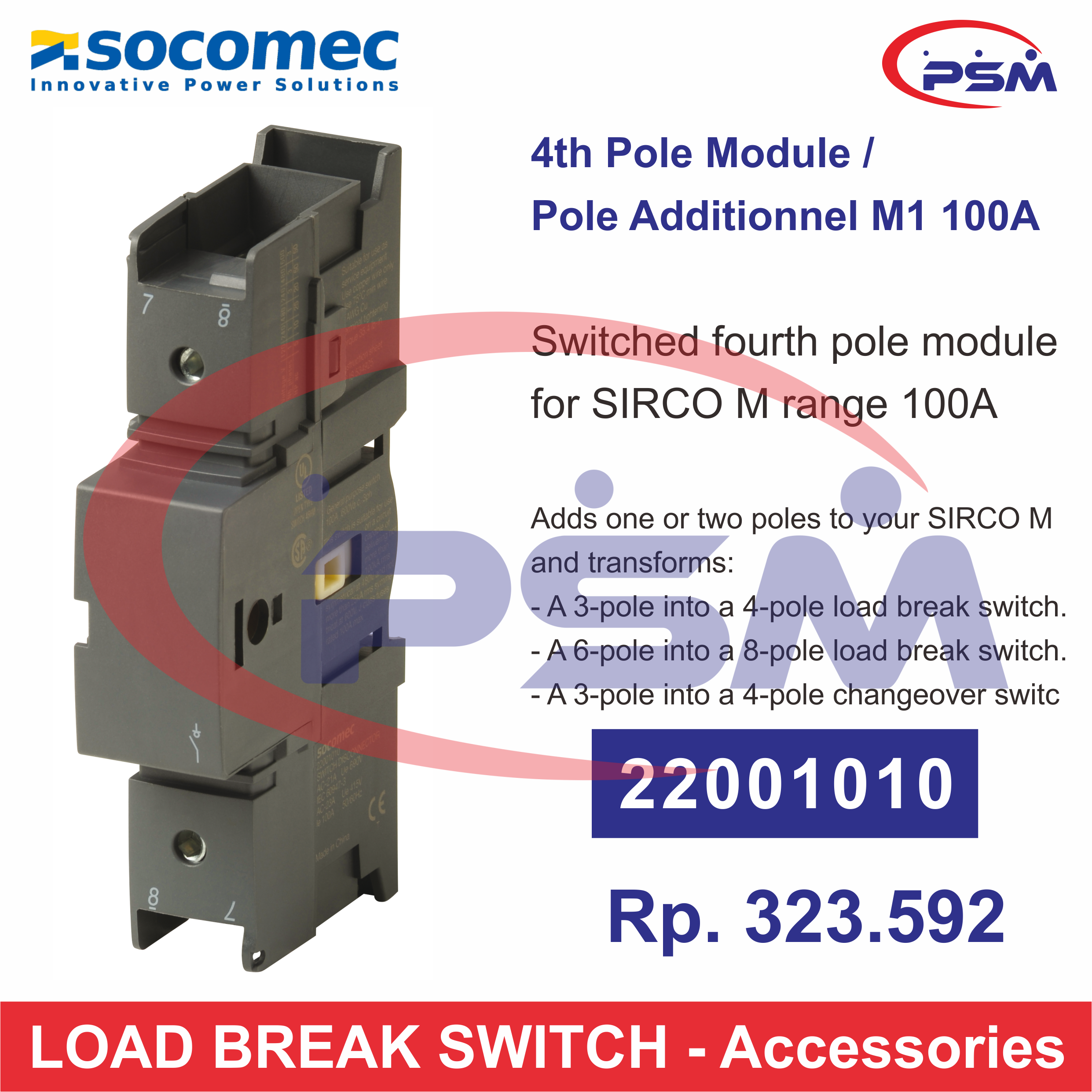 Socomec POLE ADDITIONNEL M1 100A / Switched fourth pole module for SIRCO M - 22001010