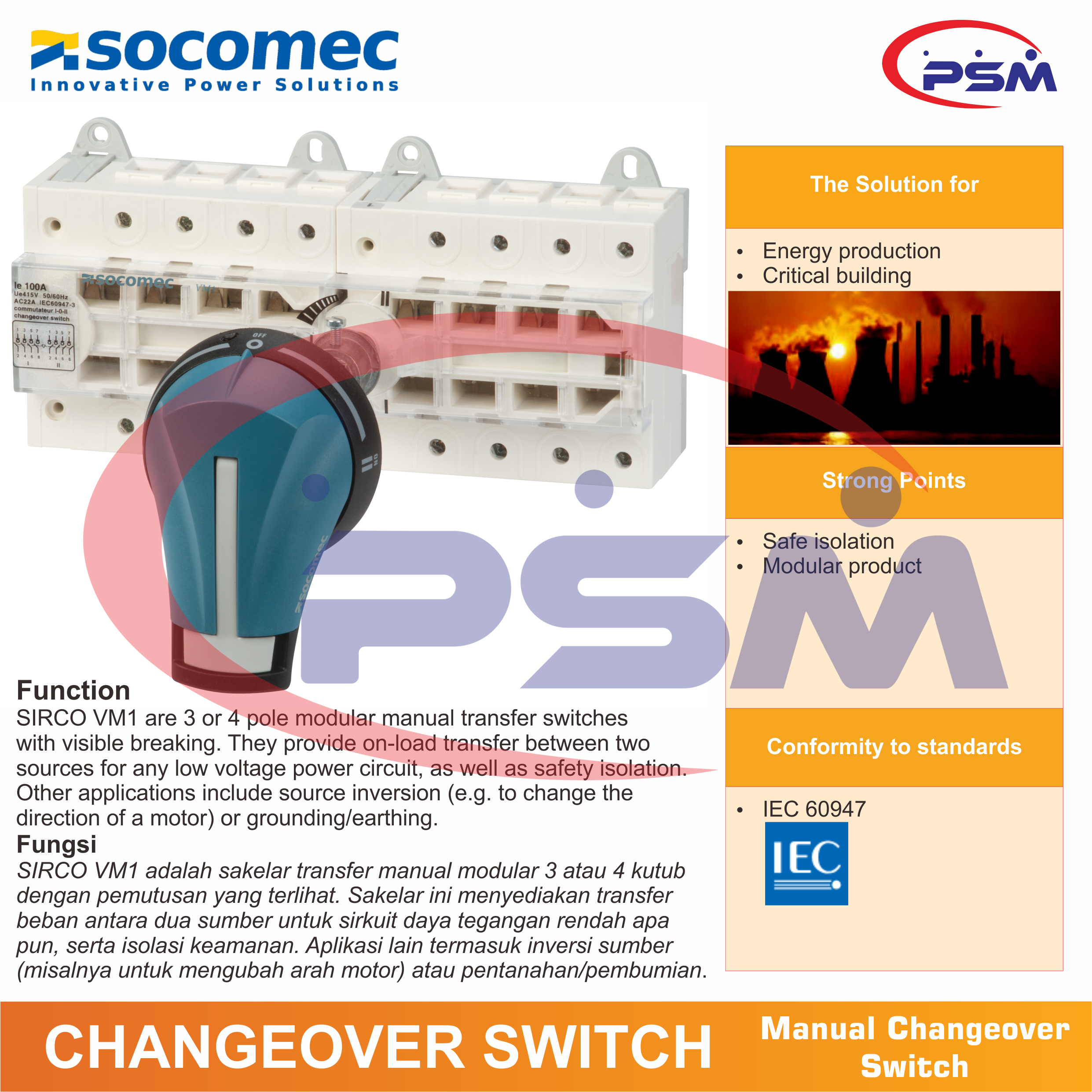 Socomec SIRCO VM1 Manual Changeover Switch 120A 4P I-0-II 44304012 - 44395012