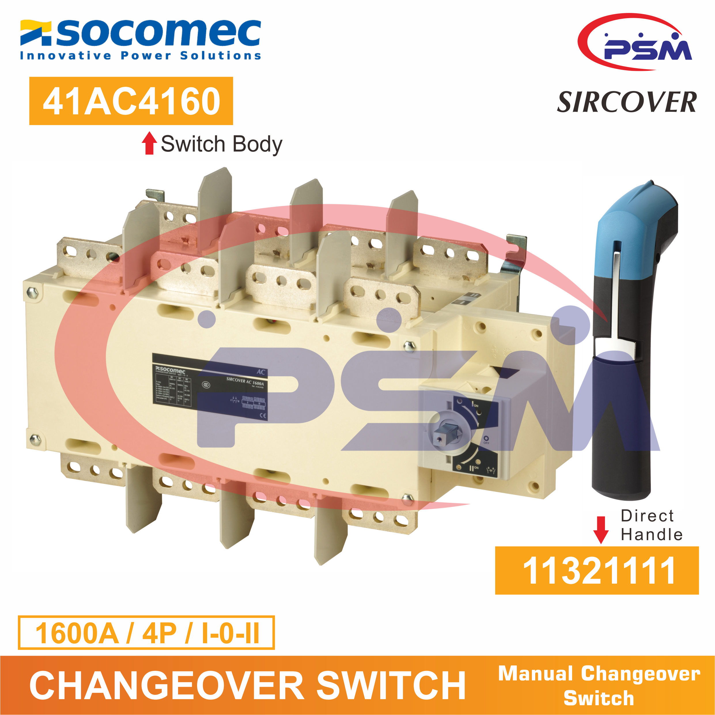 Socomec Sircover Manual Changeover Switch 1600A 4P I-0-II w. Direct Handle / 41AC4160 + 11321111