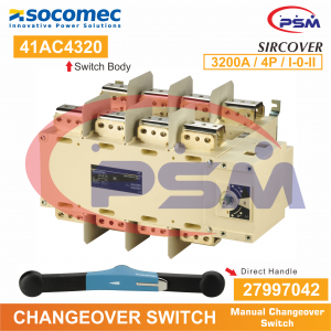Socomec Sircover Manual Changeover Switch 3200A 4P I-0-II w. Direct Handle / 41AC4320 + 27997042