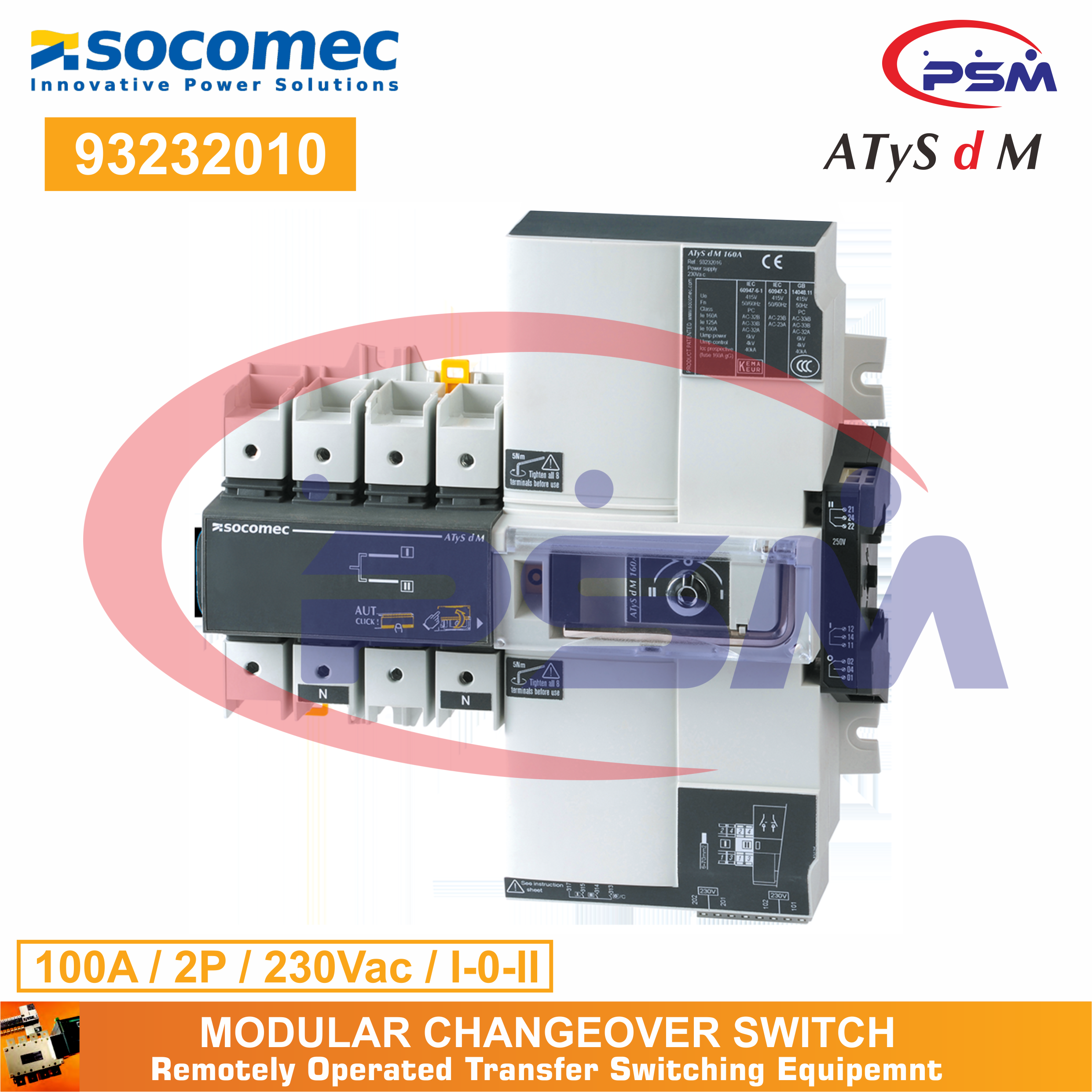 Socomec ATyS d M 100A 2P 230VAC | Remotely Operated Transfer Switch | 93232010