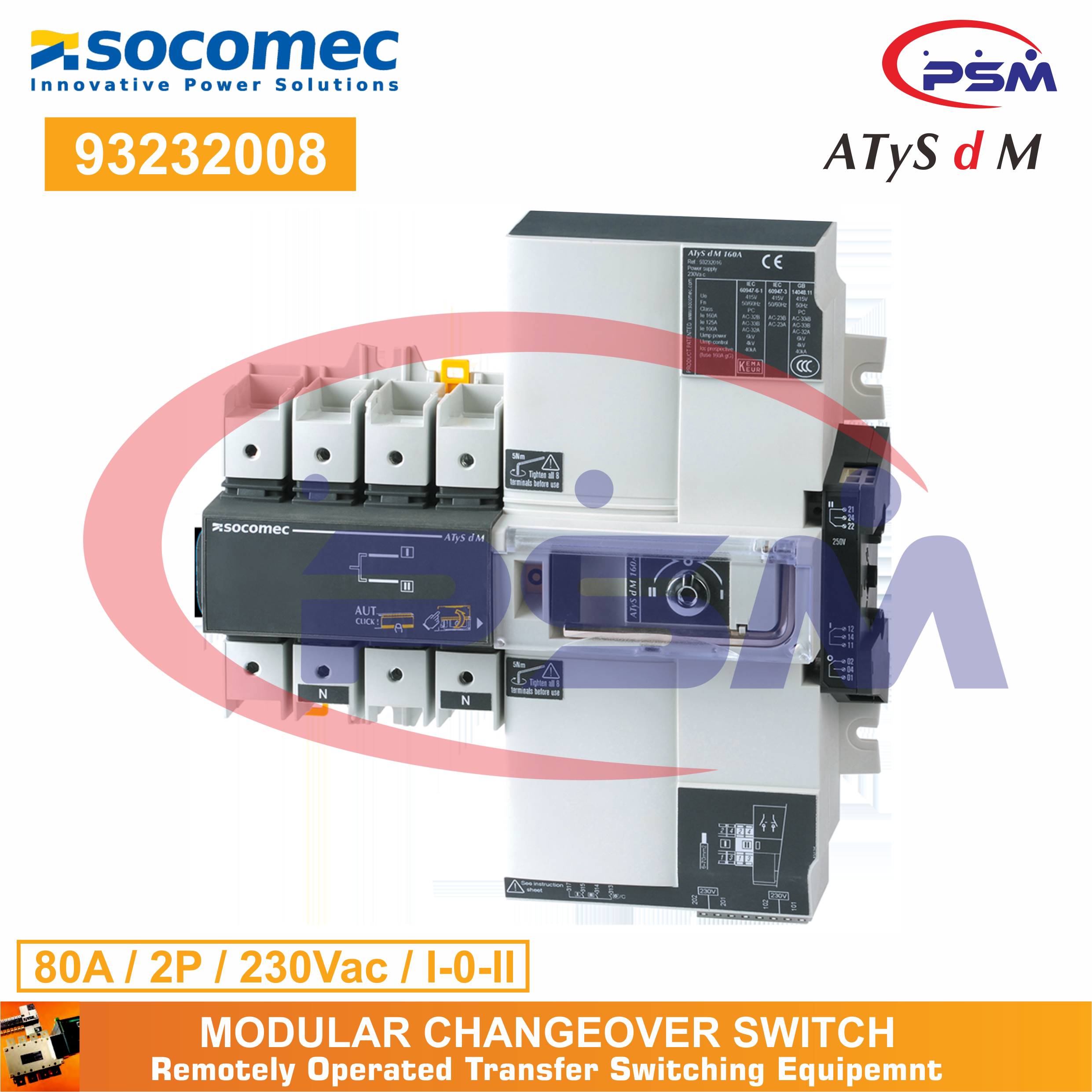 Socomec ATyS d M 80A 2P 230VAC | Remotely Operated Transfer Switch | 93232008