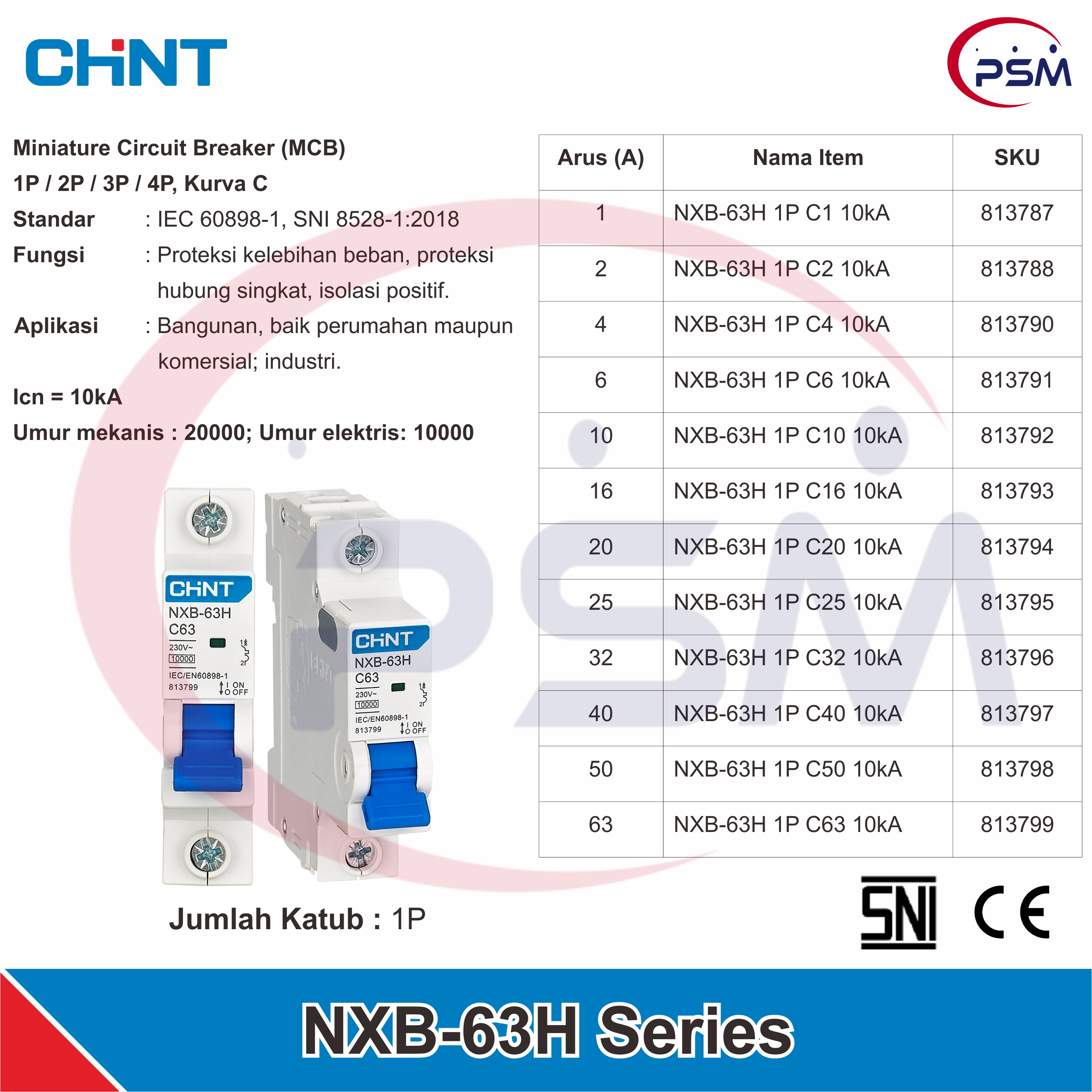 NXB-63H SERIES Miniature Circuit Breaker (MCB) CHINT 1P 10kA 1A~63A