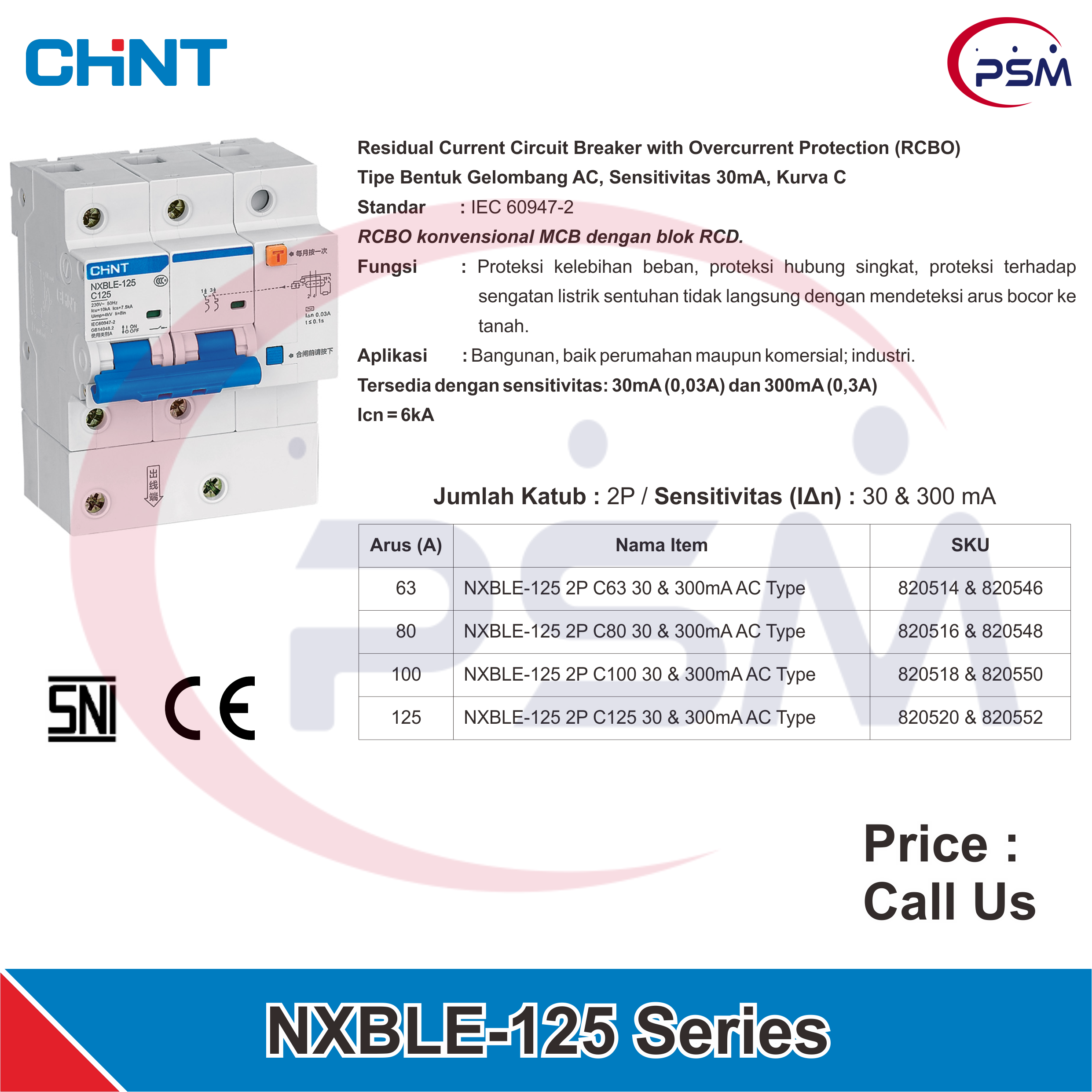 NXBLE-125 Residual Current Circuit Breaker with Overcurrent Protection (RCBO) 2P 30mA & 300mA 63A~125A