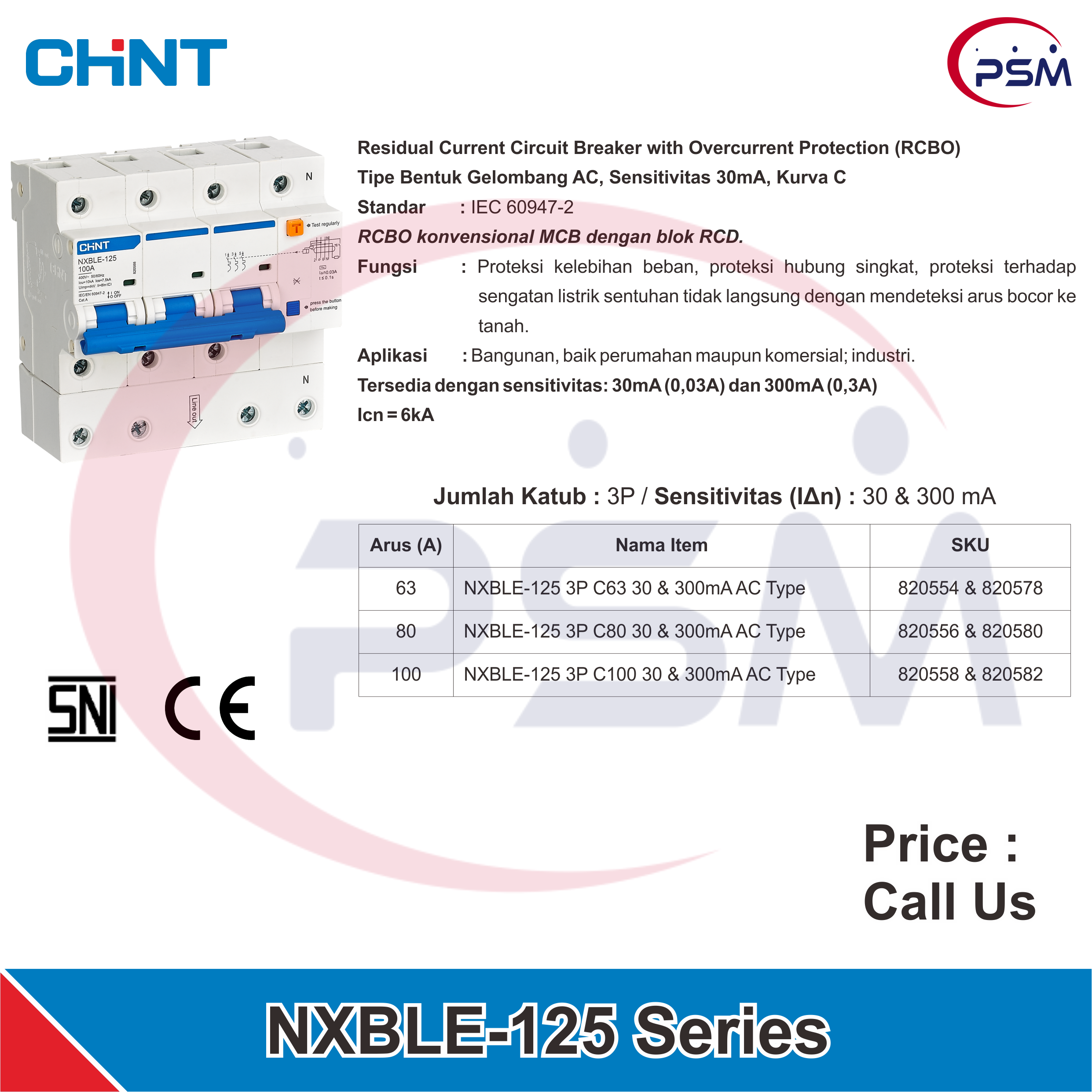 NXBLE-125 Residual Current Circuit Breaker with Overcurrent Protection (RCBO) 3P 30mA & 300mA 63A~100A