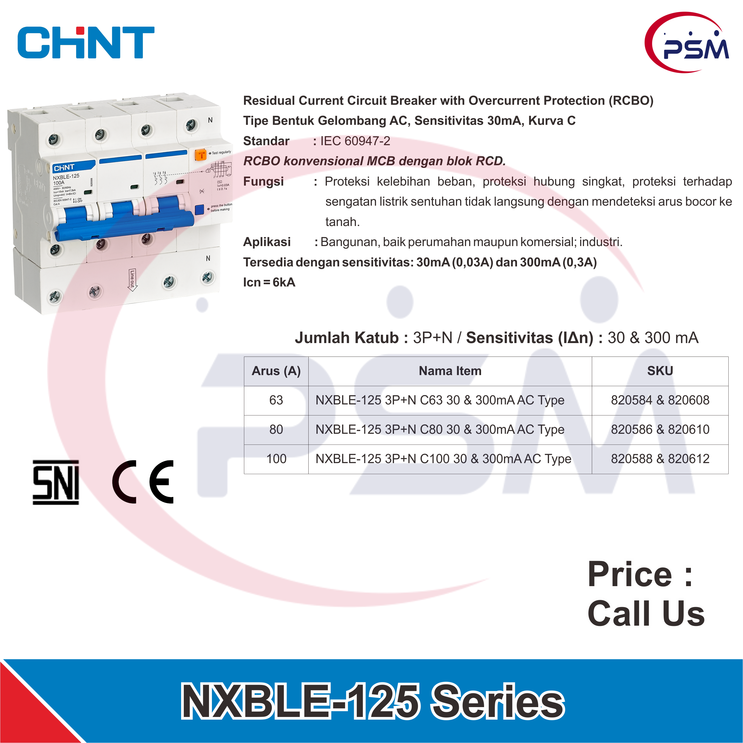 NXBLE-125 Residual Current Circuit Breaker with Overcurrent Protection (RCBO) 3P+N 30mA & 300mA 63A~100A