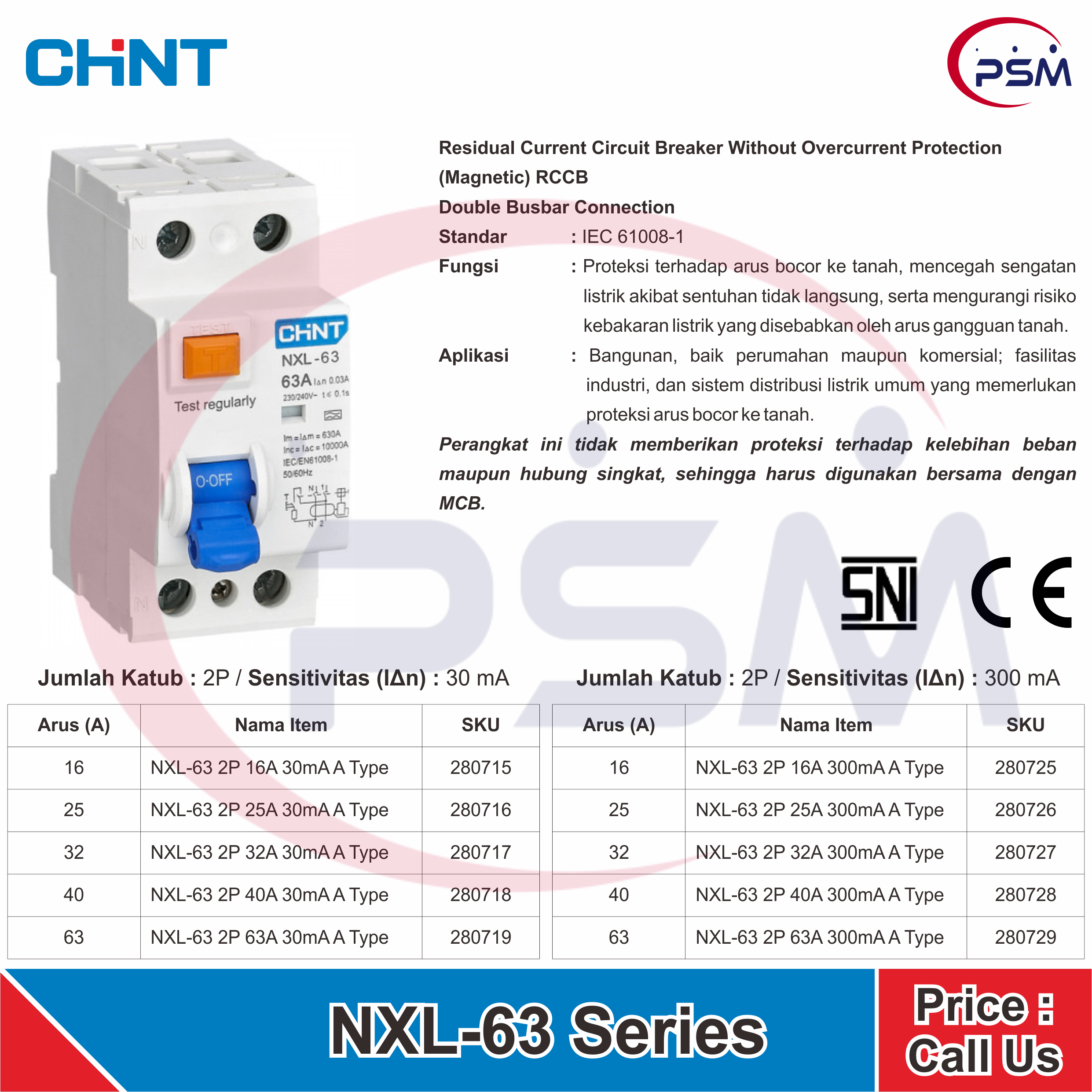 NXL-63 Residual Current Circuit Breaker Without Overcurrent Protection (Magnetic) 2P 30mA & 300mA 16A~63A