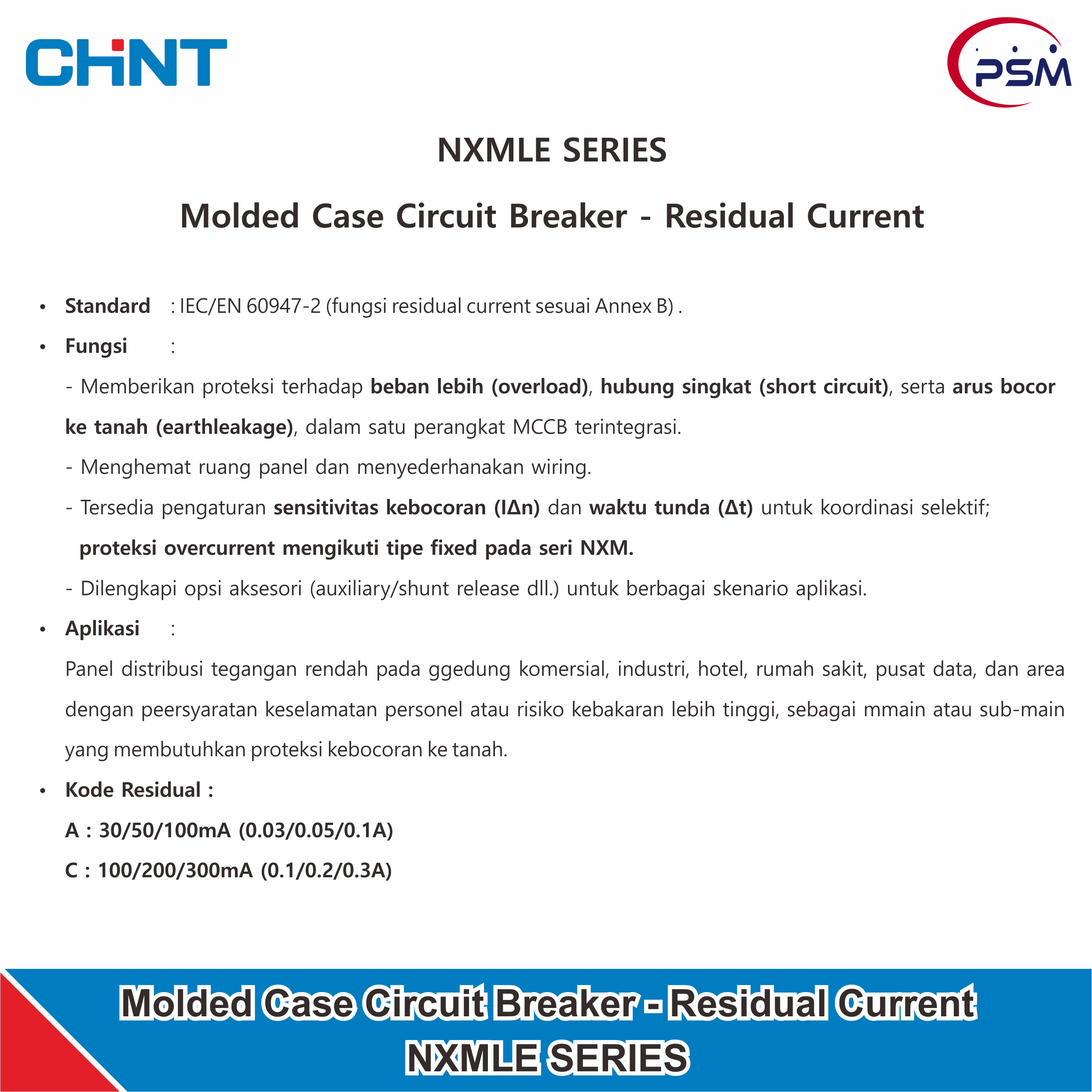 CHINT NMXLE-250S Series / Molded Case Circuit Breaker (MCCB) - Residual Current / 160A-250A 35kA
