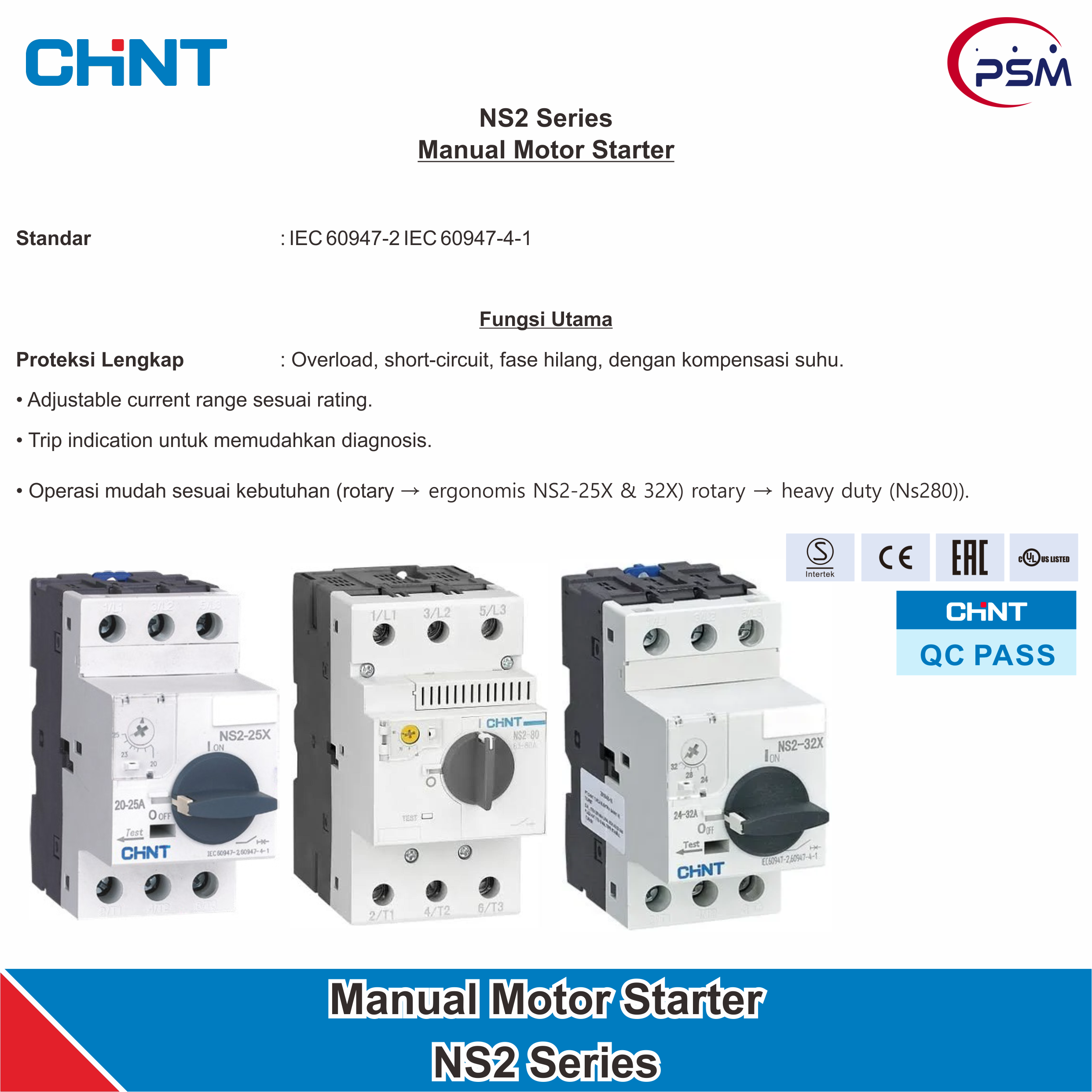 CHINT NS2 MANUAL MOTOR STARTER / NS2-32X / 24~32A / 10kA