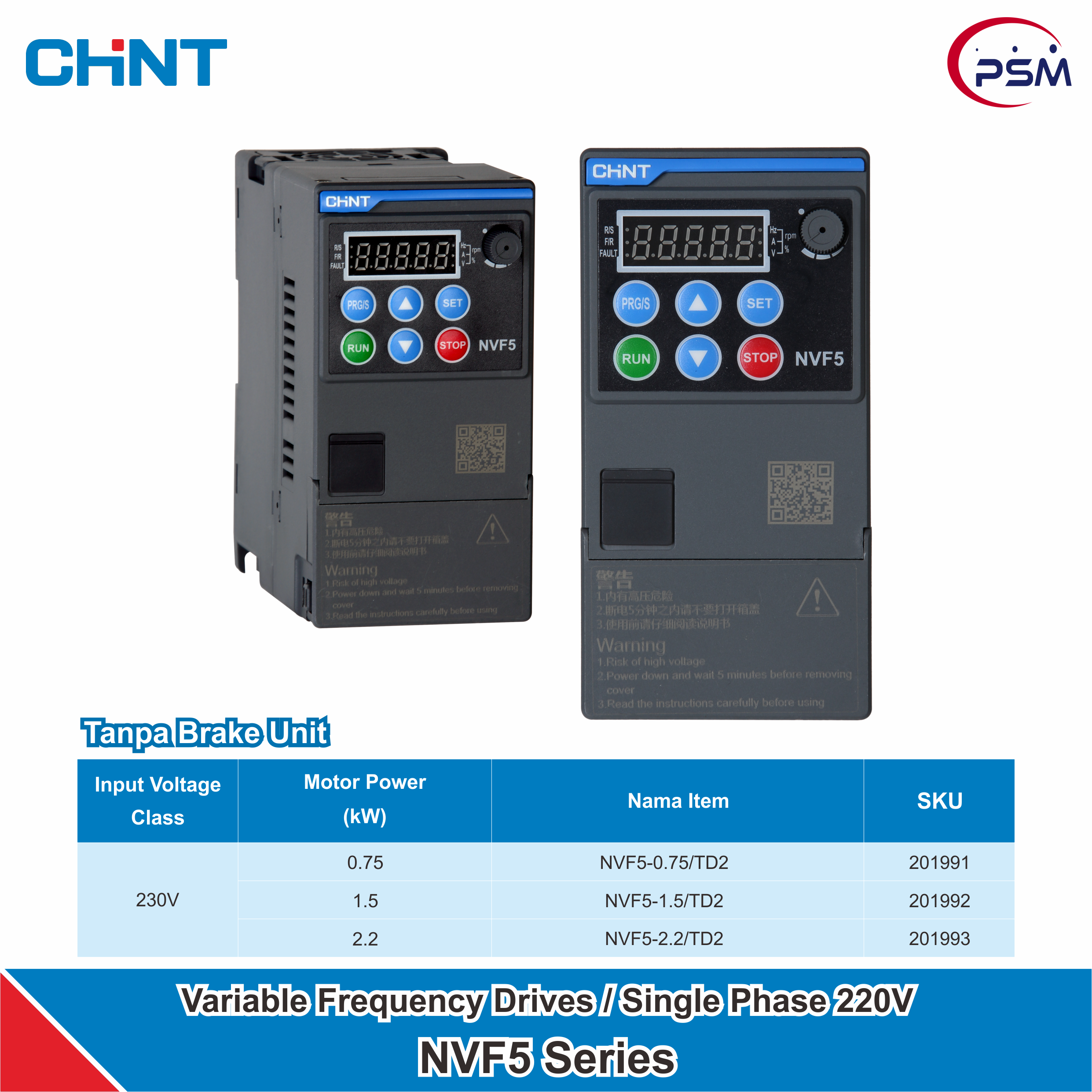 CHINT NVF5/TD2 / Variable Frequency Drives (INVERTER) / Single Phase 220V / Tanpa Brake Unit