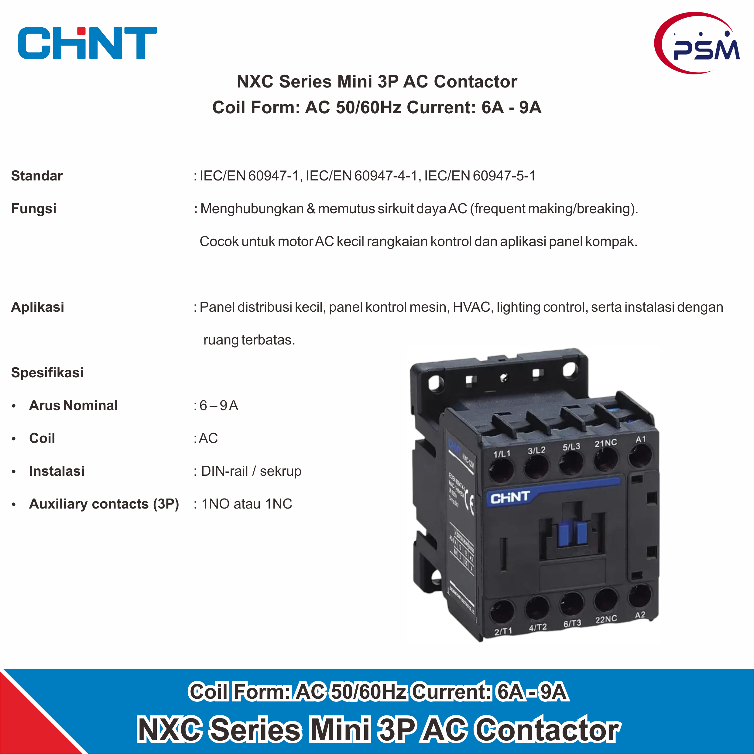 CHINT NXC Series Mini 3P AC Contactor 20A / 6A - 9A 50/60Hz