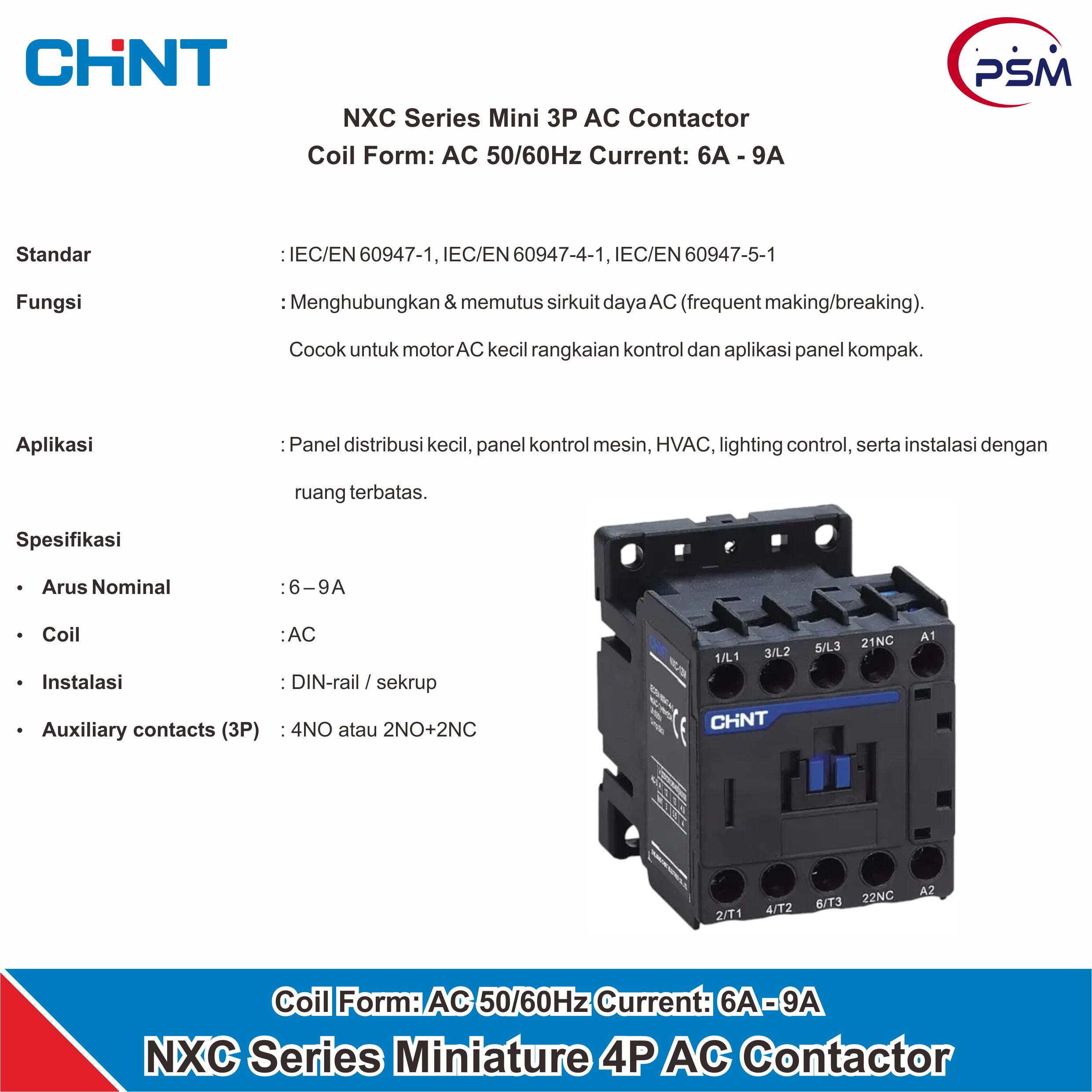 CHINT NXC Series Mini 4P AC Contactor 20A / 6A - 9A 50/60Hz
