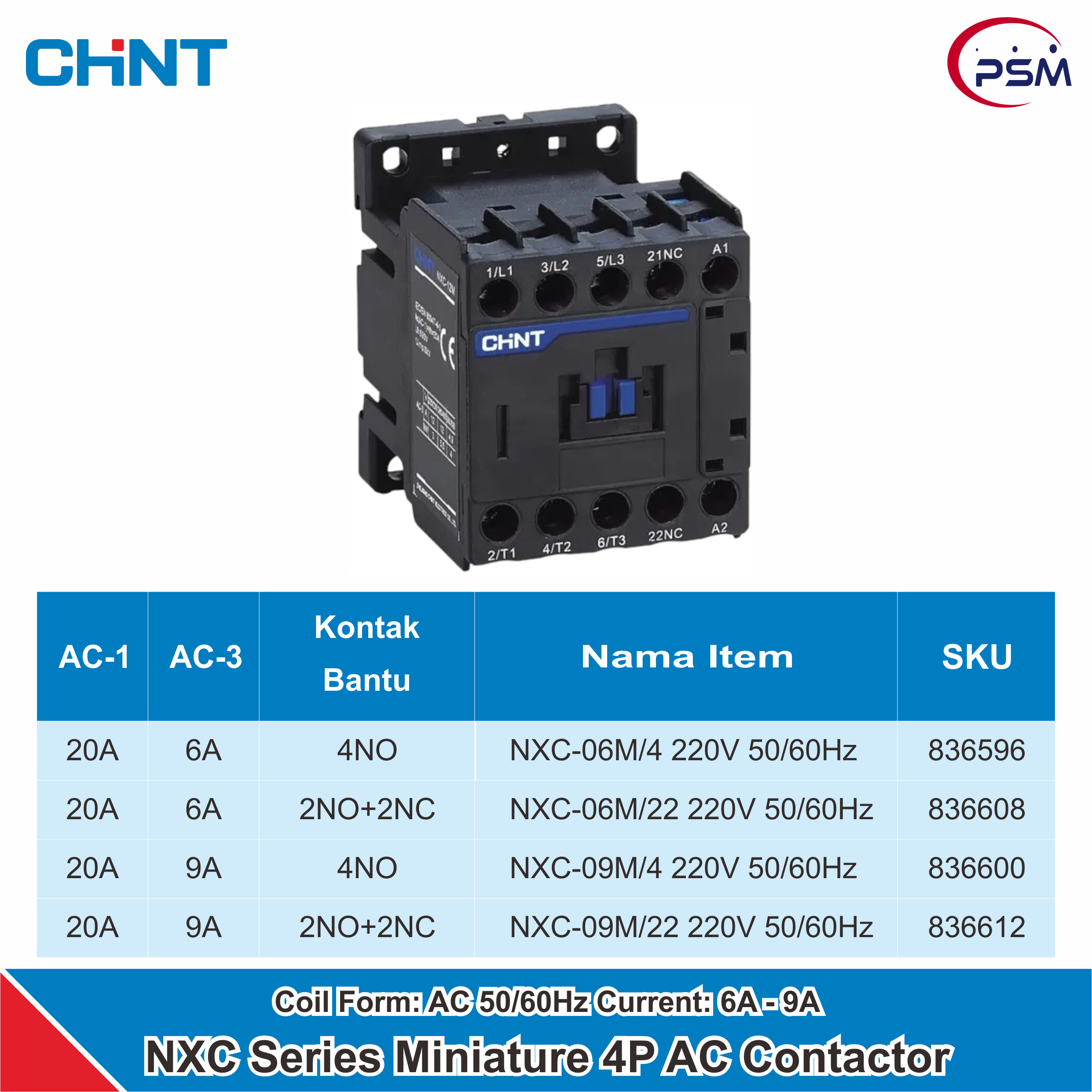 CHINT NXC Series Mini 4P AC Contactor 20A / 6A - 9A 50/60Hz