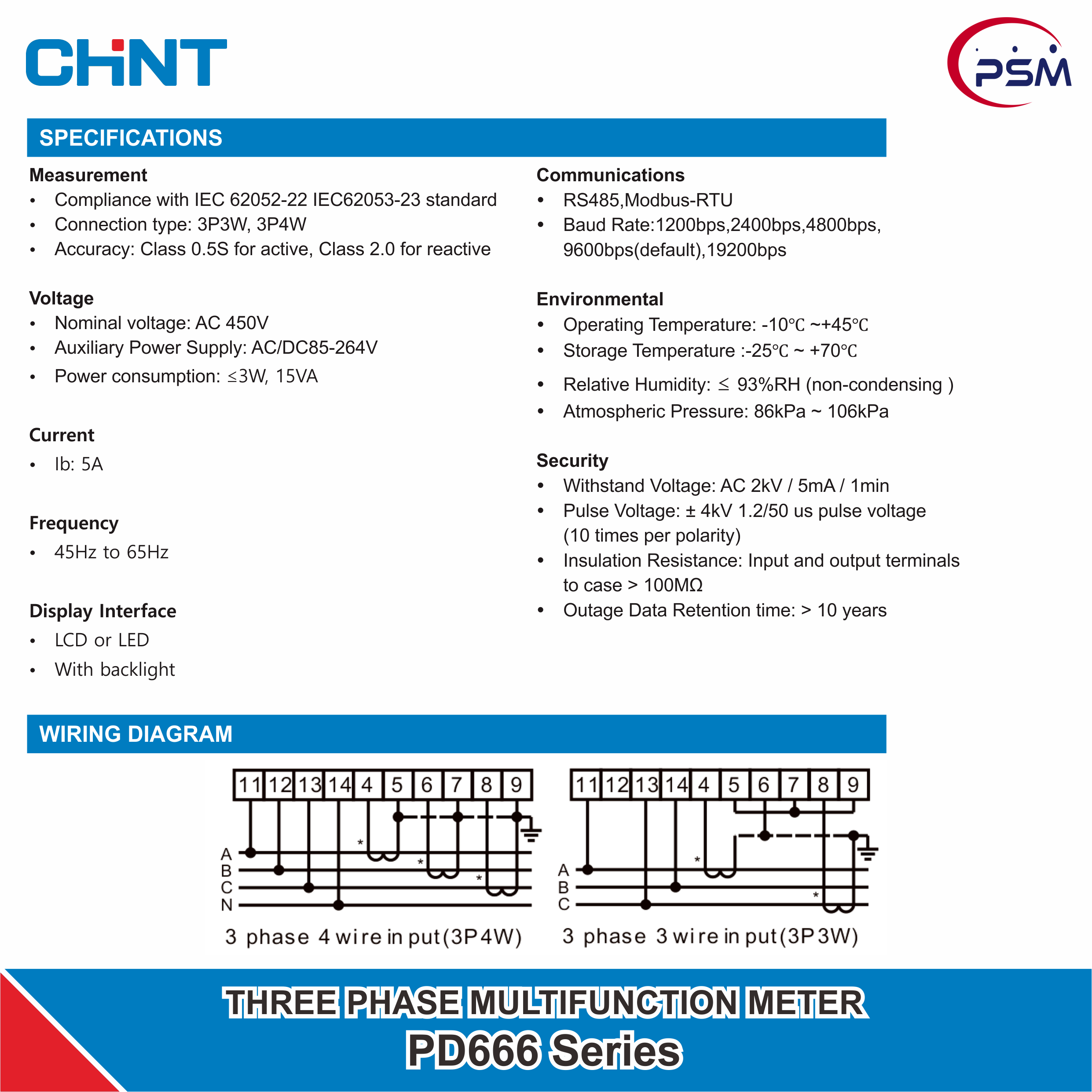 CHINT PD666 Three Phase Multifunction Meter LCD & LED Display 3×450V 3×A/5A