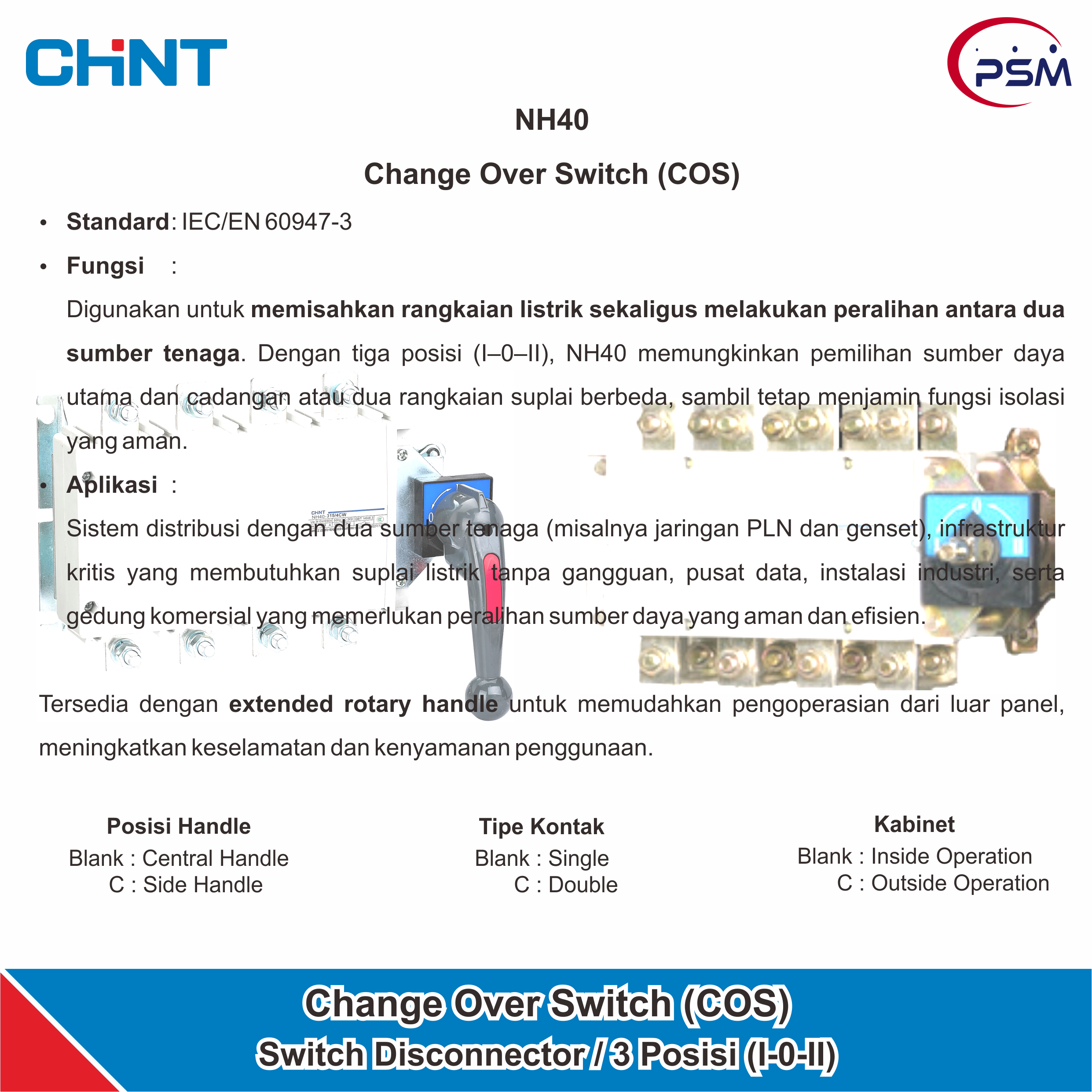CHINT NH40 / Change Over Switch / 125A~3150A 4P / Side Handle / Double Contactor / Outside Operation