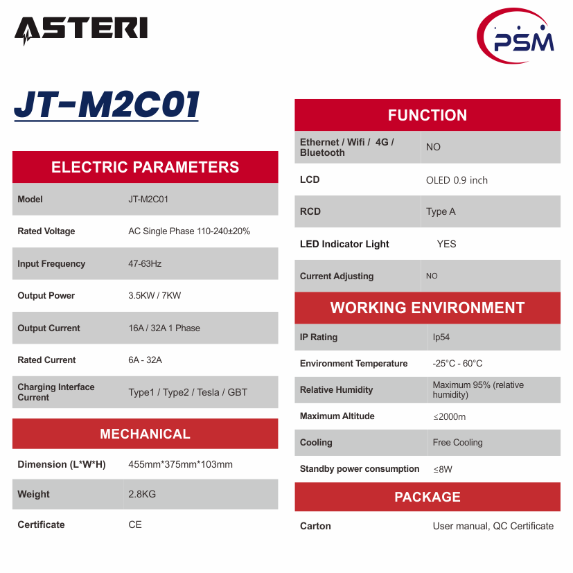 ASTERI JT-M2C01 AC Fixed Current 6A/16A/32A PORTABLE EV CHARGERS